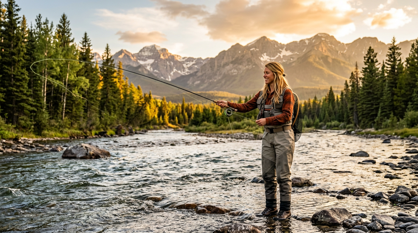 Golden hour on a Montana river, refined woman angler observing the water